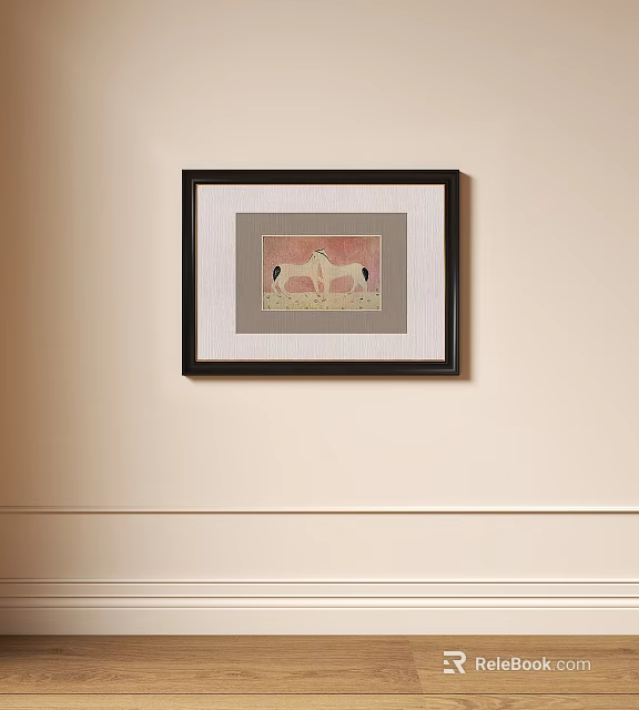 Two Horses Animal Painting With Black Frame Hanging On Light Colored Wall 3d model 