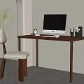 Modern Wooden Desk With Computer Clock Pen Holder Chair And Potted Plant