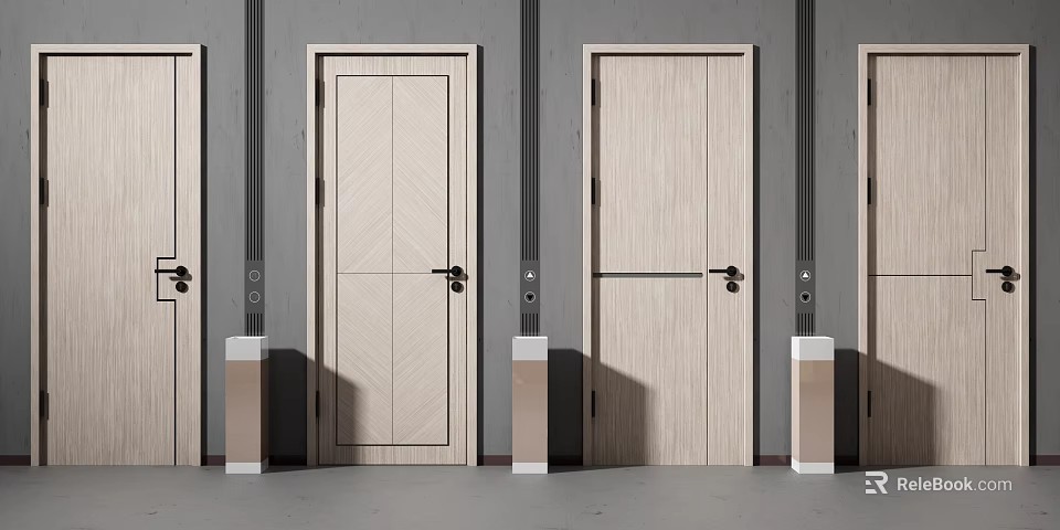 Modern Home Interior Hinged Doors With Light Wood Finish And Textured Panels 3d model 