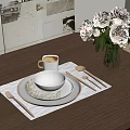 Elegant Ceramic Dinnerware Set with Bowl Cup Cutlery on Wooden Table and Pink Flowers