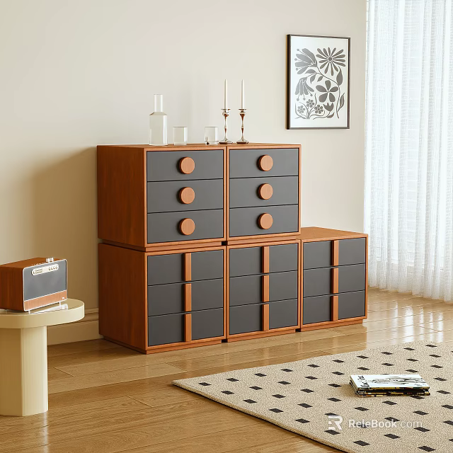 Wooden Storage Cabinet With Brown And Gray Drawers In Room Interior Design 3d model 