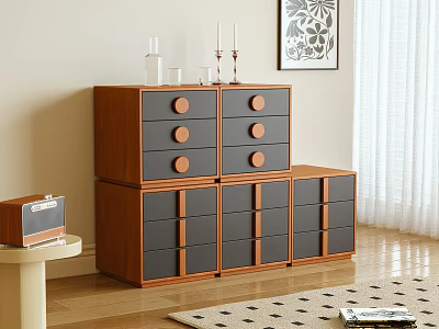 Wooden Storage Cabinet With Brown And Gray Drawers In Room Interior Design 3d model