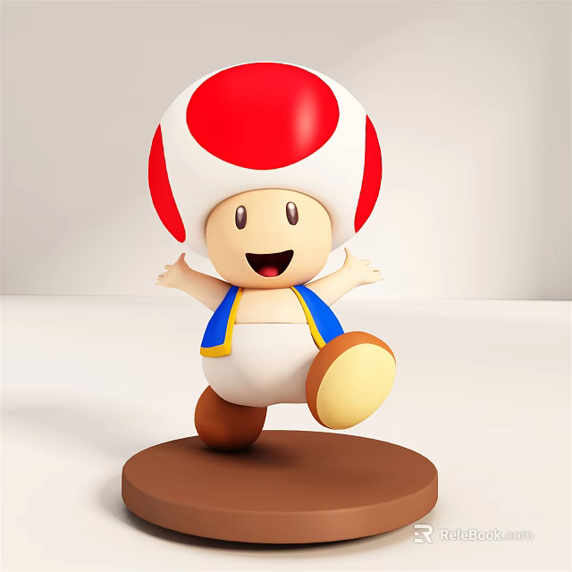 Smiling Cartoon Doll With Red White Mushroom Head Blue Vest White Pants Brown Base 3d model 