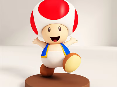 Smiling Cartoon Doll With Red White Mushroom Head Blue Vest White Pants Brown Base 3d model