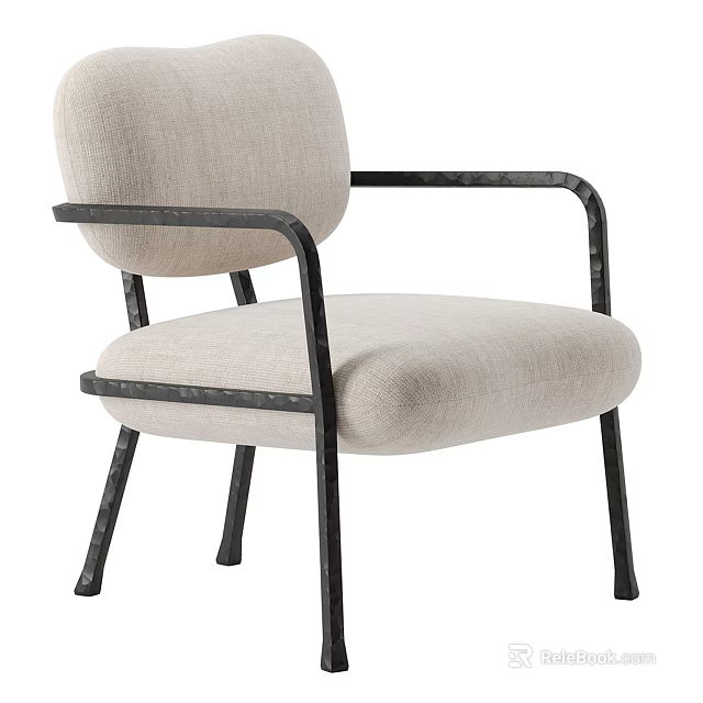 Modern Minimalist Armchair With Light Beige Linen Fabric And Black Metal Frame 3d model 