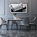 Modern Dining Table Set With Checkered Chairs Pendant Light Wall Art And Gray Marble Floor 3d model