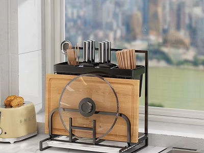 Kitchen Storage Rack Organizing Knives Cutting Board Toaster And Bread By Window With City View 3d model