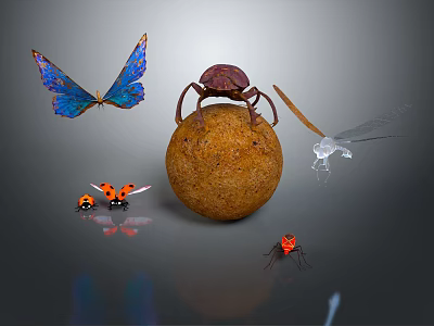 Colorful Insects Including Blue Butterfly Dung Beetle Dragonfly Ladybugs And Red Bugs On Dung Ball 3d model