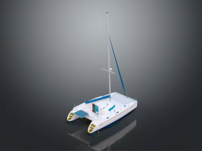 White Catamaran With Blue Accents And Modern Twin Hull Design On Water 3d model