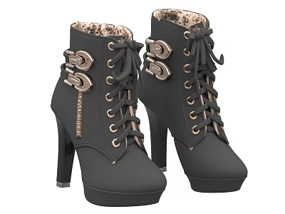 Black Short High Heel Lace Up Boots With Metal Buckles And Platform Soles 3d model