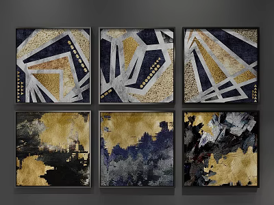 Abstract Wall Art Decor Six Pieces With Gold Blue Black Gray Geometric Patterns 3d model
