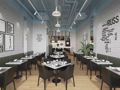 Modern Restaurant Interior With White Brick Walls Black Tables Pendant Lights And Green Plants 3d model