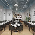 Modern Restaurant Interior With White Brick Walls Black Tables Pendant Lights And Green Plants