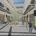 Spacious Shopping Mall Hall With Skylights Storefronts Greenery Shoppers And Tile Flooring