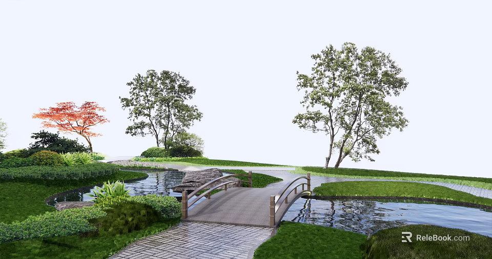 Scenic Landscape Bridge Over Pond With Trees Green Grass And Stone Path 3d model