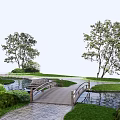 Scenic Landscape Bridge Over Pond With Trees Green Grass And Stone Path 3d model