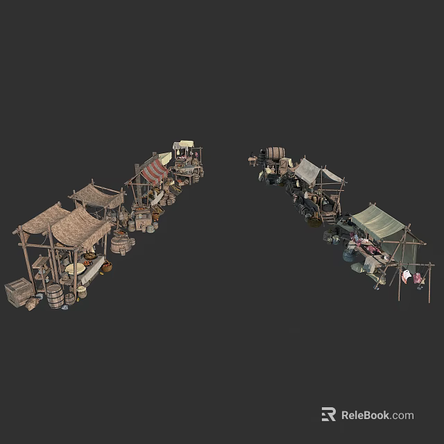 Traditional Market Stalls In Arc Arrangement With Various Canopies And Goods 3d model 