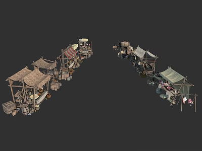 Traditional Market Stalls In Arc Arrangement With Various Canopies And Goods 3d model