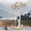 Tranquil Garden Ornaments With Decorative Tree Stones Statues And Mountain View