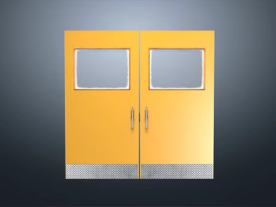 Yellow Double Doors with Two Glass Panels and Silver Bottom Trim Design 3d model