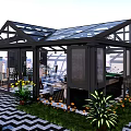 Luxury Villa Balcony With Glass Roof Black Frame Green Plants And Patterned Floor Tiles