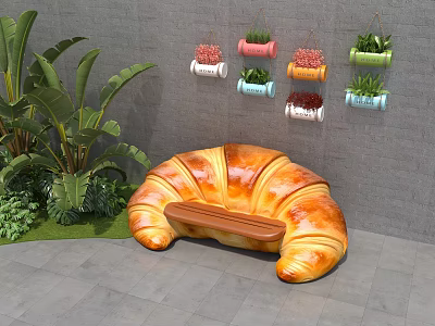 Croissant Shaped Public Chair With Green Plants And Wall Mounted Flower Pots In Outdoor Space 3d model