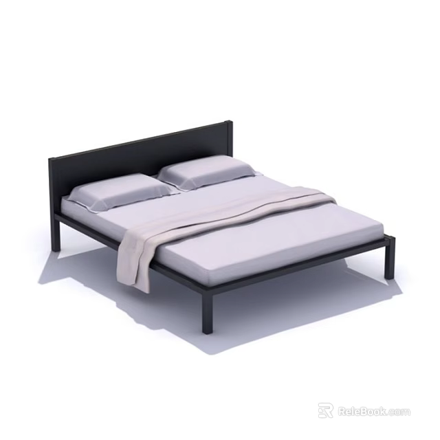 Double Bed with Black Headboard Metal Frame Light Gray Mattress Pillows and Blanket 3d model 