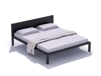 Double Bed with Black Headboard Metal Frame Light Gray Mattress Pillows and Blanket 3d model