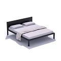 Double Bed with Black Headboard Metal Frame Light Gray Mattress Pillows and Blanket