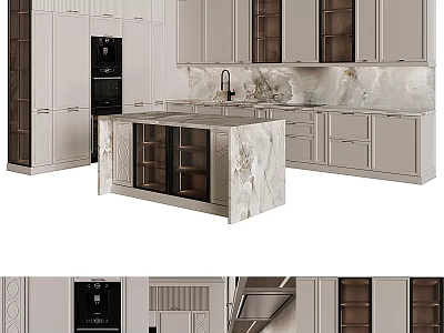Elegant Modern Kitchen Cabinets With Marble Island Countertop And Built in Oven Light Dark Finishes 3d model