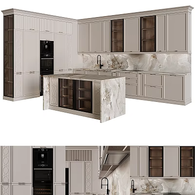Elegant Modern Kitchen Cabinets With Marble Island Countertop And Built in Oven Light Dark Finishes 3d model