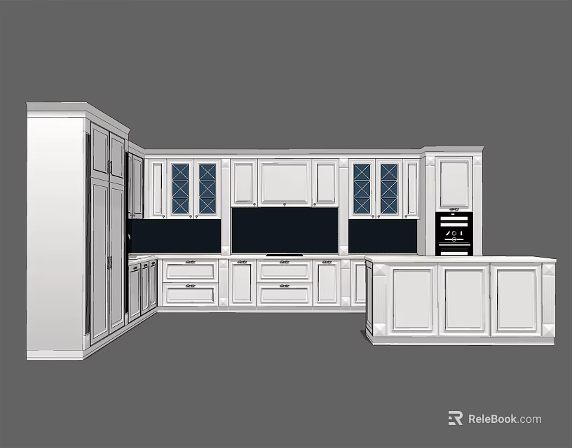 Modern Kitchen Cabinet Set With White Upper Lower Storage And Glass Doors 3d model 