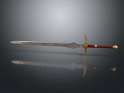Decorative Medieval Sword With Intricate Carvings Golden Hilt And Red Handle 3d model
