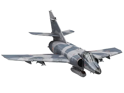 Gray Blue Camouflage Fighter Jet With Weapons On Wings And Cockpit 3d model
