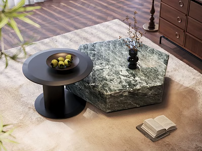 Round Black and Hexagonal Marble Coffee Tables with Green Fruits Vase Open Book on Rug 3d model