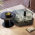 Round Black and Hexagonal Marble Coffee Tables with Green Fruits Vase Open Book on Rug