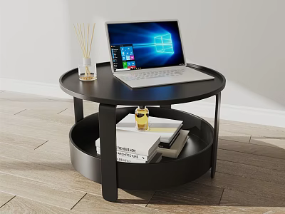 Black Round Two Tier Coffee Table With Laptop Books And Scented Sticks 3d model