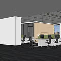 Modern Public Office Space With Open Workstations Green Striped Ceiling And Large Windows 3d model