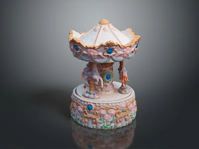 Exquisite Carousel Sculpture Carving With Pink And White Canopy Floral Base And Blue Gemstone Decorations 3d model