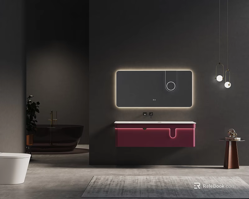 Modern Pink Washbasin with Backlit Mirror and Pendant Lights in Dark Wall Bathroom 3d model 