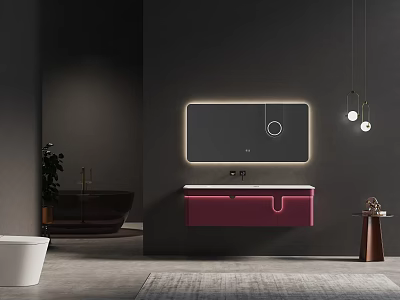 Modern Pink Washbasin with Backlit Mirror and Pendant Lights in Dark Wall Bathroom 3d model