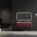 Modern Pink Washbasin with Backlit Mirror and Pendant Lights in Dark Wall Bathroom