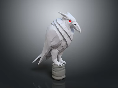 Detailed Mythical White Bird Sculpture With Horned Head Red Eyes On Cylindrical Base 3d model
