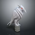 Detailed Mythical White Bird Sculpture With Horned Head Red Eyes On Cylindrical Base
