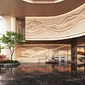 Luxurious Modern Hotel Lobby Interior With Ornate Ceiling Wavy Wall Panel And Polished Marble Flooring