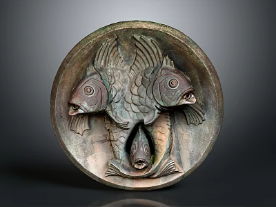 Circular Bronze Fish Sculpture Carving With Two Large Fish And Small Fish Relief Design 3d model