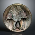 Circular Bronze Fish Sculpture Carving With Two Large Fish And Small Fish Relief Design