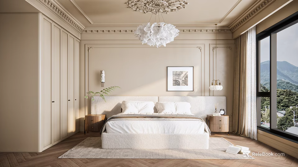 Elegant Beige Bedroom Interior With Moldings Chandelier Upholstered Headboard And Herringbone Rug 3d model 