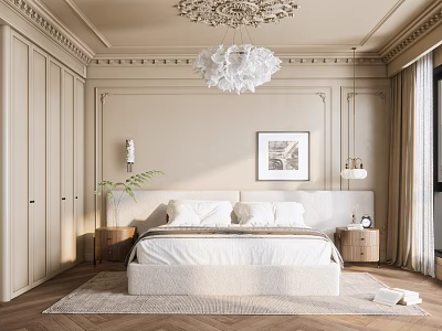Elegant Beige Bedroom Interior With Moldings Chandelier Upholstered Headboard And Herringbone Rug 3d model
