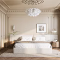 Elegant Beige Bedroom Interior With Moldings Chandelier Upholstered Headboard And Herringbone Rug